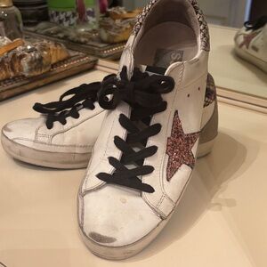 Golden Goose White and Pink Glitter Star Sneakers